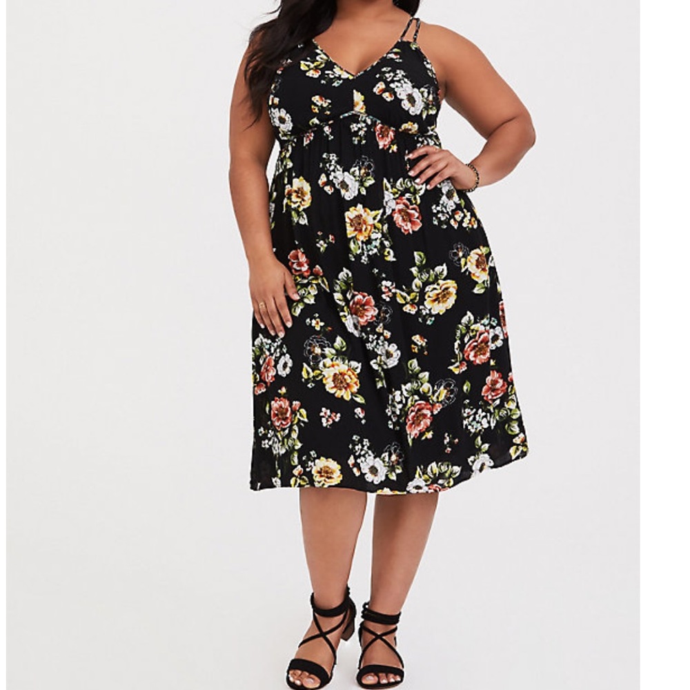BLACK FLORAL MIXED PRINT MIDI DRESS